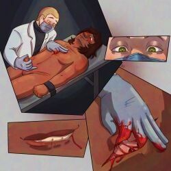 biting_lip, blood, bondage, doctor, face_mask
