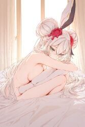 eleanor_forte, synthesizer_v, 1girls, bed, breast_press