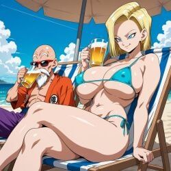 android_18, master_roshi, dragon_ball, dragon_ball_z, beer