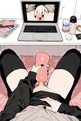 bigduda, 1boy, artificial_vagina, bed, black_nails