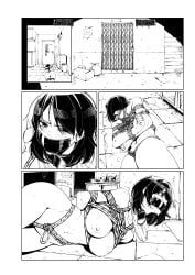 satsuki_san_(harris_hero), harris_hero, ball_gag, bare_breasts, black_and_white