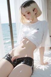 hannai, 1femboy, arm_support, black_hair, blonde_hair
