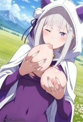 emilia_(re:zero), re:zero_kara_hajimeru_isekai_seikatsu, aimisaka, 1girl, animal_hood