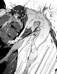 thirty_8ght, gut_punch, huge_breasts, monochrome, puke