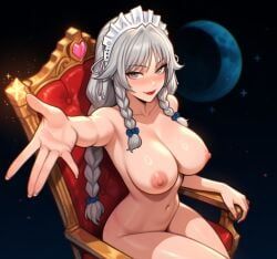 izayoi_sakuya, 1girls, armchair, armpits, beckoning