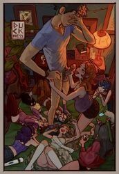 original, duckpress, 1boy, 6+girls, alcohol