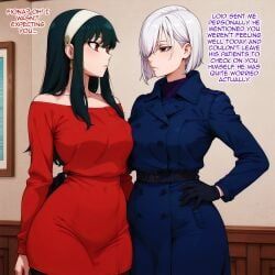 yor_briar, 2girls, bangs, bare_shoulders, belt