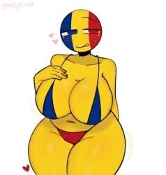 romania_(countryhumans), countryhumans, countryhumans_girl, kak0yt0_chel_style, blue_bikini_top