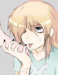 emily_(class_of_'09), class_of_'09, blonde_hair, grey_background, penis