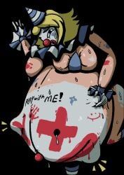 baby_kicking, big_breasts, bikini_top, blonde_hair, clown