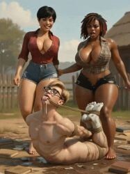 original_characters, afro_hair, amazon, bondage, clothed_female_nude_male