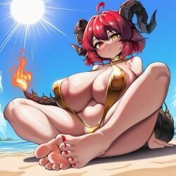 original_character, demonfuwa_ai, ahoge, areolae_peeking, barefoot