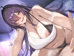 keman, 1boy, 1girls, areola_slip, black_bra
