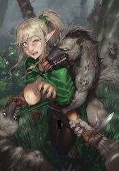 alleria_swiftwind, kingdom_rush, 1girl, 3boys, belt_collar