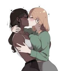 original_character, twitter, 2girls, black_hair, blonde_female