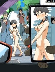 yama_batake, 1girl, 1girls, blush_lines, crowd_taking_pictures