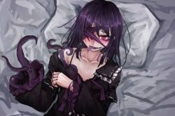 ageha_(butterfly_affection), butterfly_affection, bed, blush, covering_eye