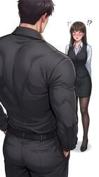 1boy1girl, abs, black_hair, boss, handsome