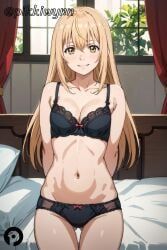 pikkiwynn, arms_behind_back, ass_visible_through_thighs, bangs, bed