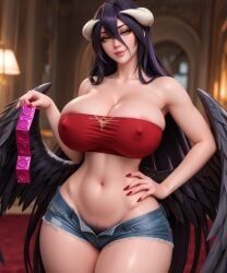 albedo_(overlord), 1girls, bandeau, black_wings, blurry_background
