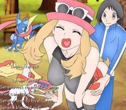calem_(pokemon), delphox, greninja, pokemon_(species), pokemon_trainer