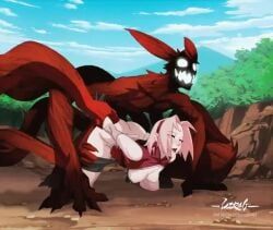 sakura_haruno, uzumaki_naruto, uzumaki_naruto_(four_tails_form), naruto, naruto_(series)