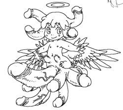 shokushu-chan_(4n), 4n, angel, anthro, black_and_white