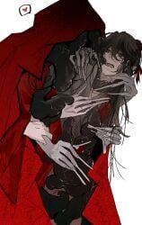 2boys, aaawwwssslll, black_eyes, black_hair, cape
