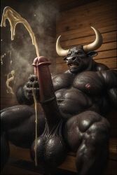 anthro_bull, aroused, bara, black_cock, black_fur