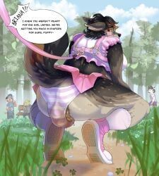 anthro, ballcap, bench, body_harness, bottomwear