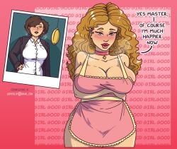 apron, apron_only, before_and_after, big_breasts, blonde_hair