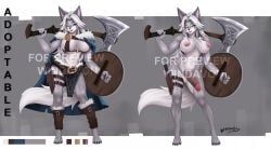 wingdavon, anthro, axe, breasts, canid