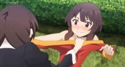 megumin, yunyun_(konosuba), kono_subarashii_sekai_ni_shukufuku_wo!, assisted_exposure, clothes_pull