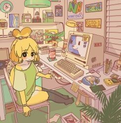 fuchsia_(animal_crossing), isabelle_(animal_crossing), k.k._slider, animal_crossing, dr_pepper