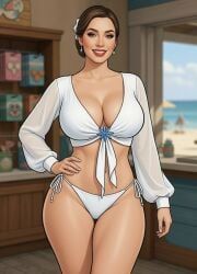 rgomez007, 1girls, beachside, brunette_hair, cleavage