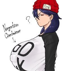 izumo_fuuko, undead_unluck, srjrgart, arrow_pointing_to_breasts, beanie