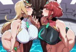 mythra, mythra_(radiant_beach)_(xenoblade), mythra_(xenoblade), pyra, pyra_(pro_swimmer)_(xenoblade)