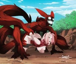 sakura_haruno, uzumaki_naruto, uzumaki_naruto_(four_tails_form), naruto, naruto_(series)