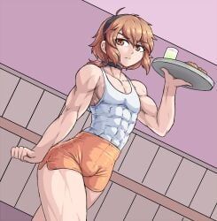 sheepapp, 1boy, 1femboy, abs, dish