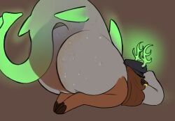 brown_hair, deer_girl, embarassed, green_antlers, grey_body