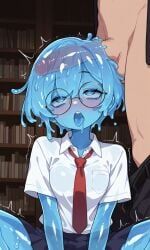 1boy, 1girls, ahe_gao, black_skirt, blue_eyes