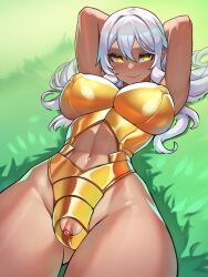 zorkpics, 1girls, armor, arms_behind_head, barbell_piercing
