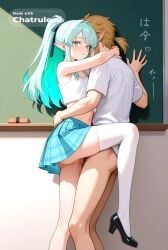 1girl, against_wall, aqua_hair, chalkboard, checkered_skirt