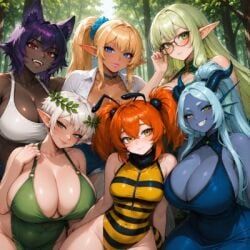 bee_girl, bee_humanoid, bee_wings, blue-skinned_female, blue_eyes
