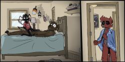 alarm_clock, anthro, arachnid, arthropod, bed