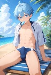 chongyun_(genshin_impact), genshin_impact, 1boy, beach, blue_eyes