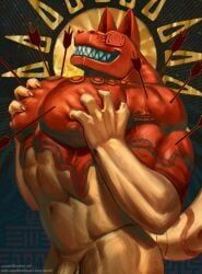 alexlion_art, abstract_background, anthro, arrow_(weapon), big_muscles