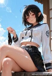 shameimaru_aya, kermixx, 1girl, ahoge, arm_support
