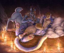 endiu, animal_genitalia, animal_penis, antlers, arms_tied