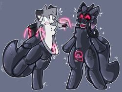 anthro, black_ears, black_latex, blush, bound